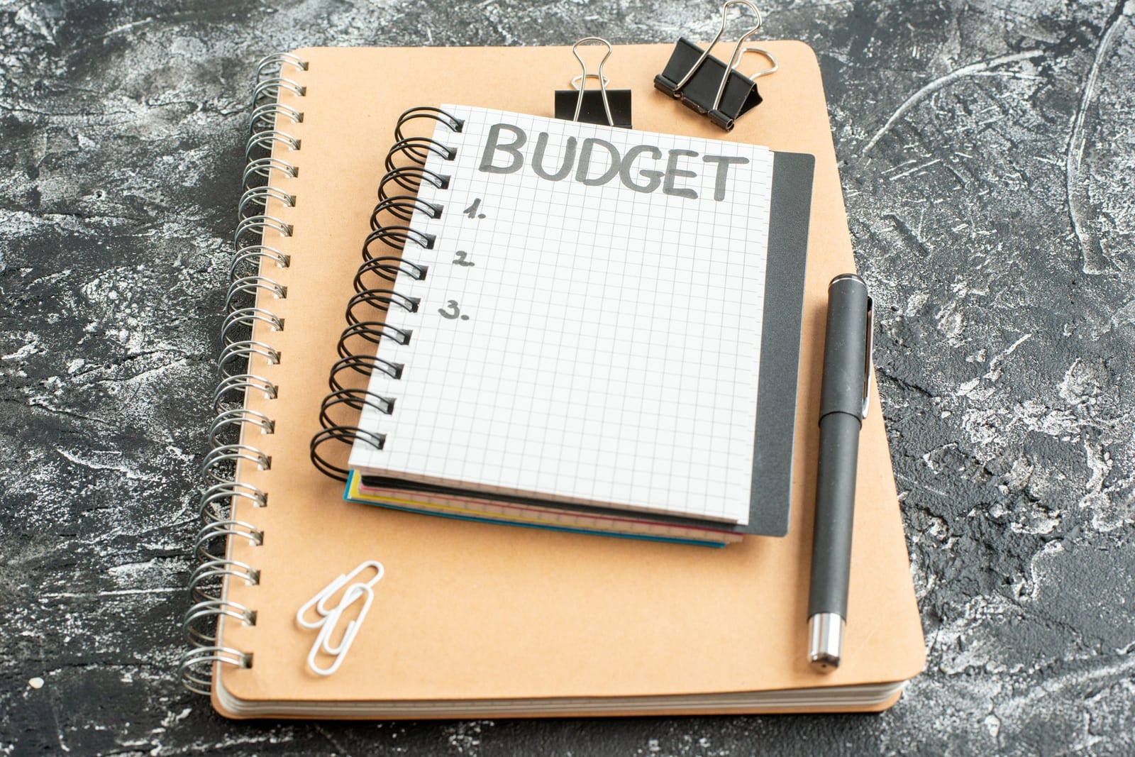 Blocco note con la scritta budget e una penna su sfondo scuro